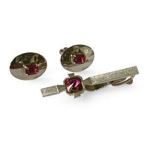 Vintage Cufflinks Retro Cuff Links & Tie Clip Set Pink Stone Silver Tone